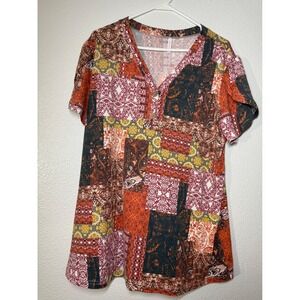 BISHUGE Womens XL Patchwork Paisley Henley Top Short Sleeve Boho V-Neck Shirt